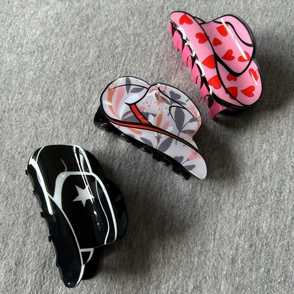 NEW Western Cowboy Hat Hair Claw Clips (Glazed Mauve, Black & Pink Heart) (3pcs) - Picture 2 of 3